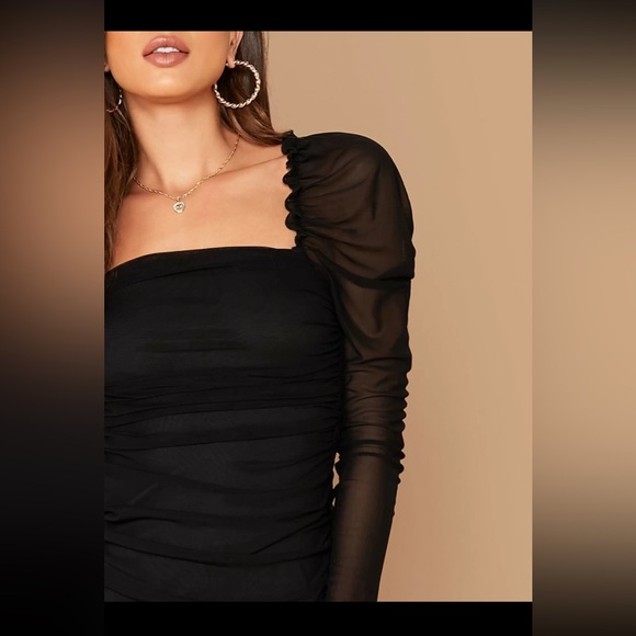 Black Frill Trim Gigot Sleeve Ruched Mesh Overlay Short Dress - Picture 4 of 8